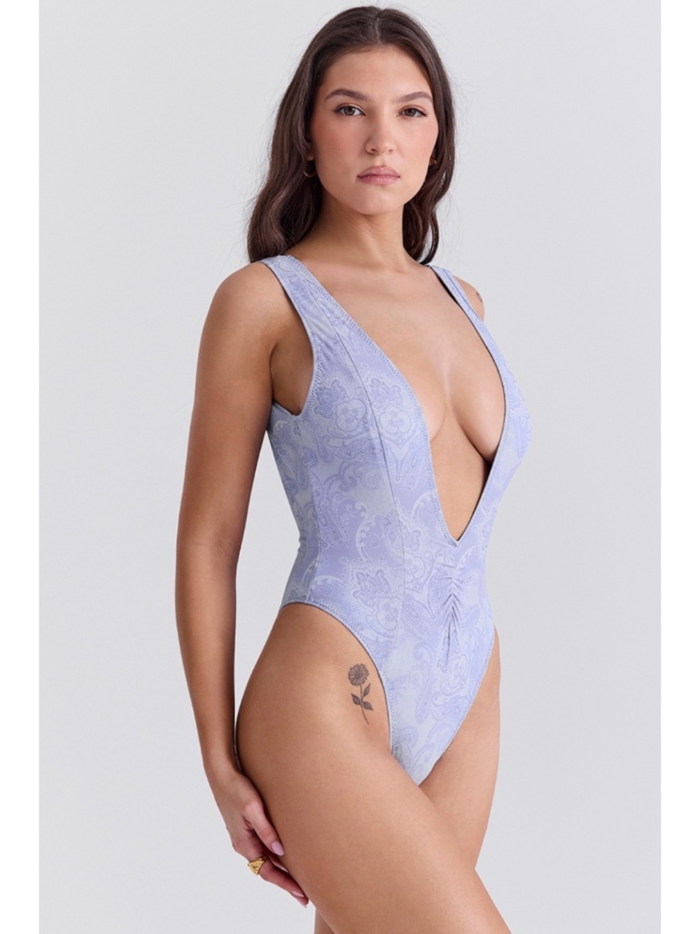 NEW House of CB Martinique Plunge Swimsuit Lavender Blue Paisley XS
